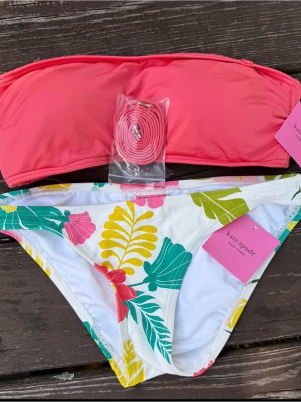 NWT Kate Spade Coral Bandeau Bikini Top with Tropical Floral Bottoms
